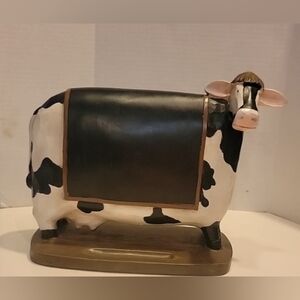 Charming Unique Hand Carved Wooden Cow w/Gold Cap & Black Trimmed Blanket